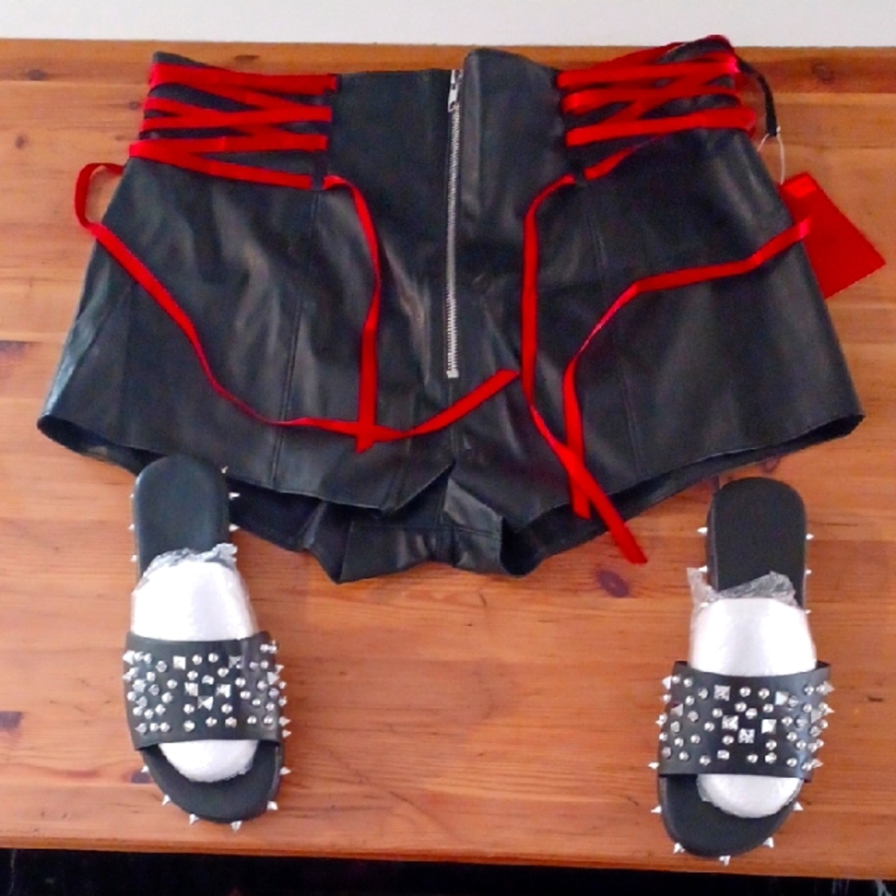 Stylish Black Pleather Shorts with Red Accents With Studded Slides